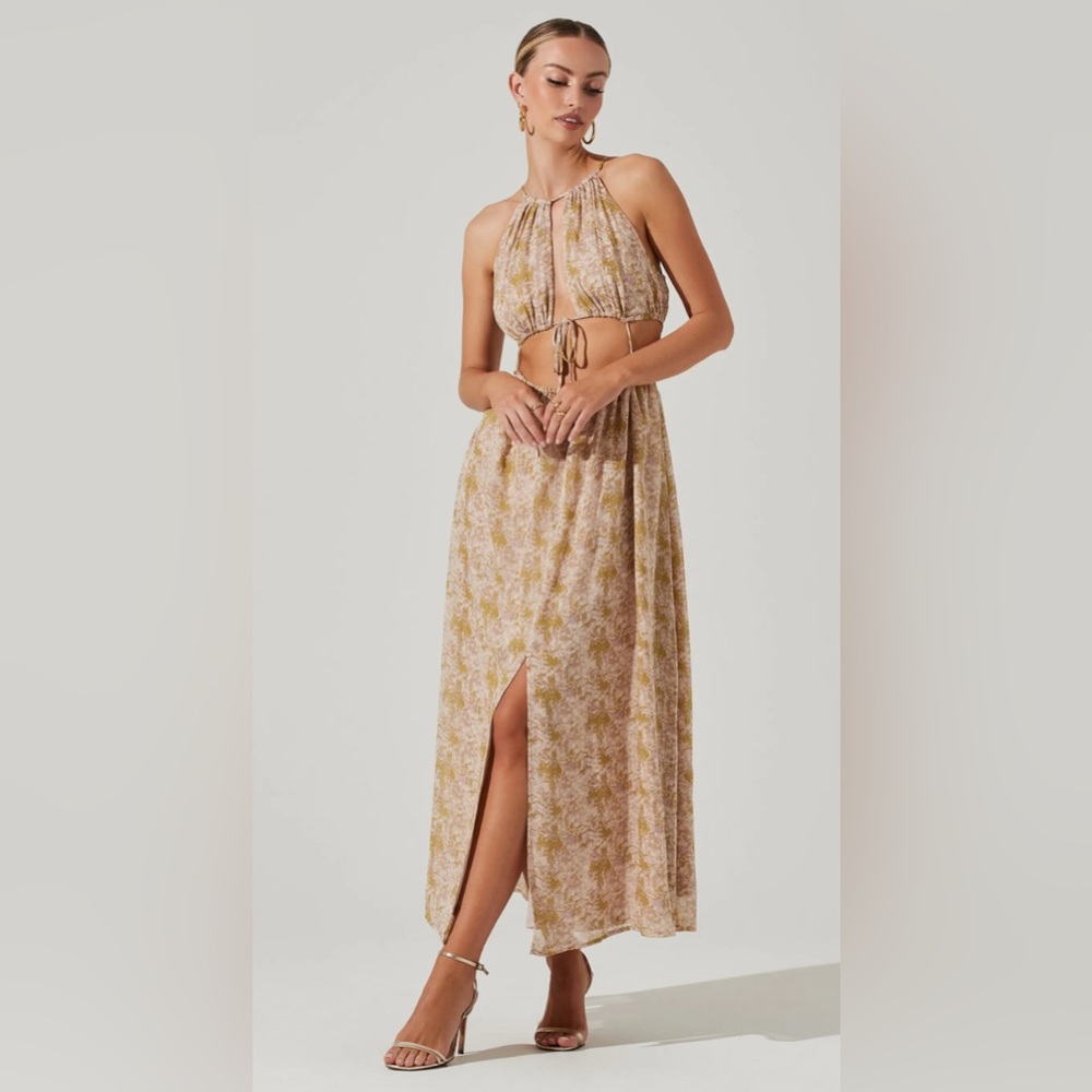 NEW ASTR Size S Green Watercolor Maxi Dress CUTOFF DETAILS FRONT & BACK TIE